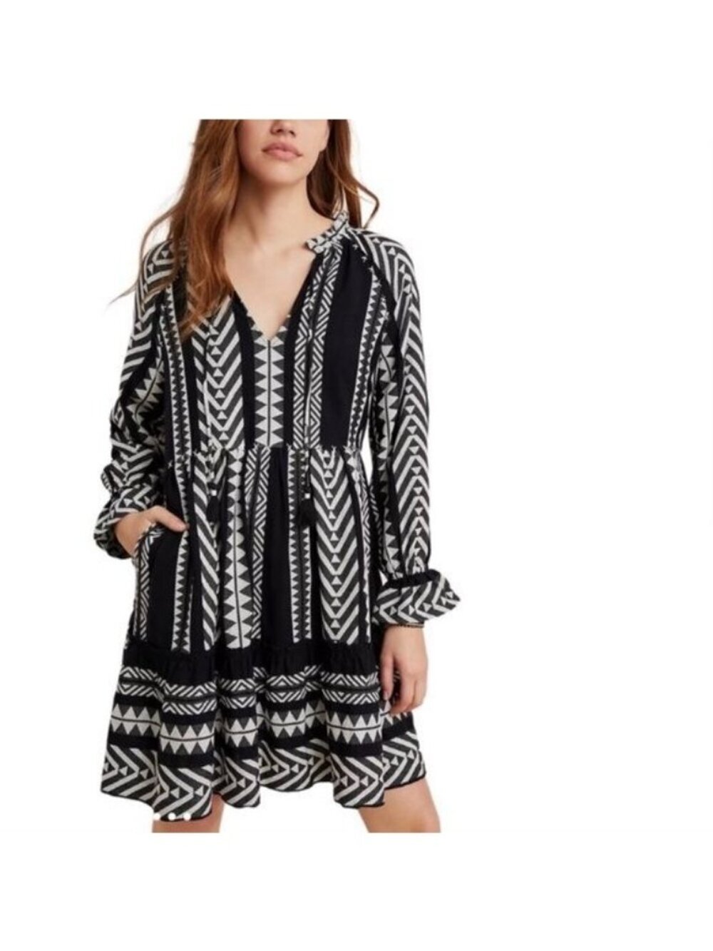 Maeve Anthropologie Dominique Womens Tunic Dress Size M Black Tribal Print
